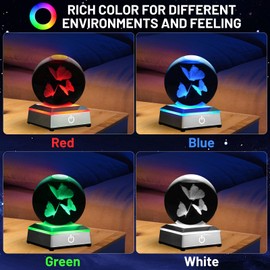 3D Crystal Ball Night Light with LED Colorful Touch Base - Butterfly Gifts for Women, Kids & Teens - 3.15' Glass Sphere Lamp - Home Decor