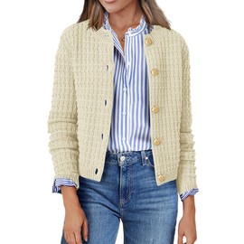 Zeagoo Women's 2025 Knit Cardigan Sweaters Crew Neck Button Down Open Front Long Sleeve Trendy Cropped Jackets Beige