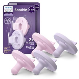 Philips Avent Soothie Chupetes ortodónticos para bebés, chupetes 100% silicona, de una pieza, sin BPA, para bebés de 3 a 18 meses, 2 lilas y 2 rosas, paquete de 4, modelo SCF192/70