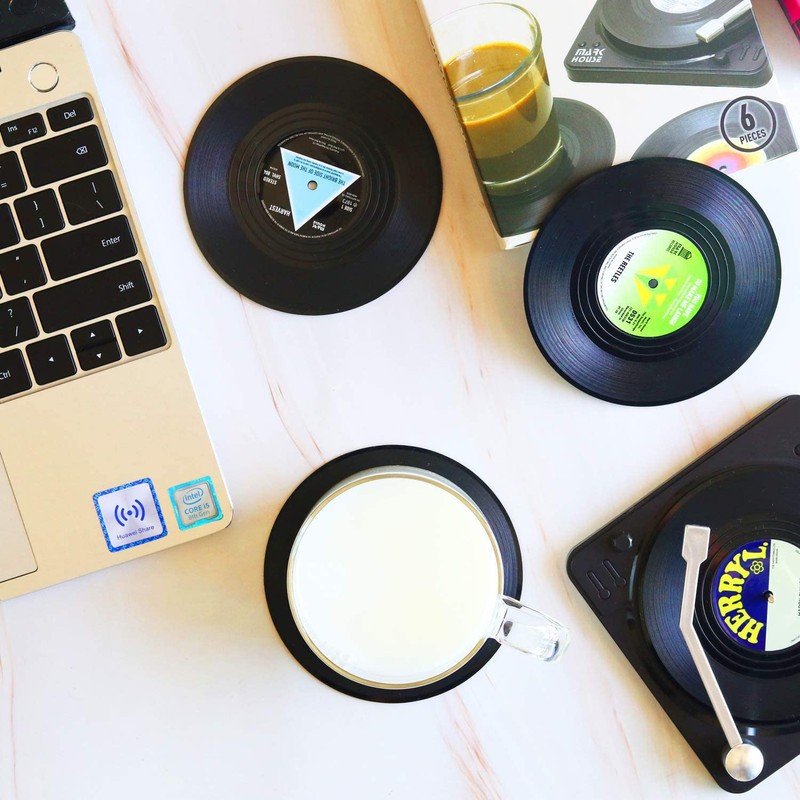 Funny Retro Record Coasters for Drinks with Vinyl Player Holder