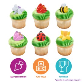 DecoPac Springtime Blooms Cupcake Toppers, 24 Cupcake Rings, Flowers, Bees, Ladybug, And More, Food Safe Spring Decorations - 24 Pack