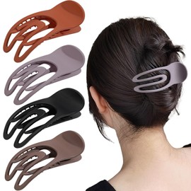 Flomiara 4PCS Flat Claw Clip, Concave Hair Clips for Thick Thin & Fine Hair Women Girls, Non-Slip Strong Hold French Claws Accessories, Black, Purple, Brown, Orange-Red Set