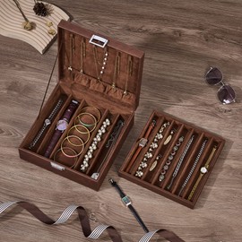 BEWISHOME Necklace Organizer Box Necklace Storage Organizer for Chains, Bracelets - 12 Compartments (7 regular + 5 large), 6 Hooks, 2 Layers - Jewelry Box for Women Men Girls, Brown SSH31Z