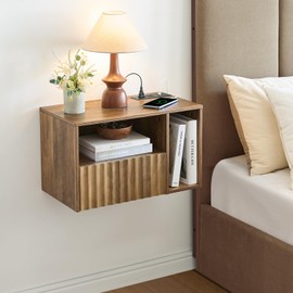 BuildHom Modern Rustic Brown Fluted Floating Nightstand with Charging Station, NightStand with Drawers, Bedside with USB Ports and Outlets, Bedroom Furniture (Right)