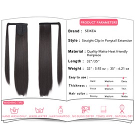 SEIKEA 32 Inch Clip in Ponytail Extension Wrap Around Long Straight Pony Tail Hair Synthetic Hairpiece for Women - Black Brown