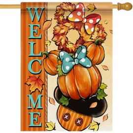 Covido Welcome Fall Pumpkin Decorative House Flag, Autumn Thanksgiving Maple Leaves Wreath Garden Yard Outside Decorations, Stripes Seasonal Outdoor Large Home Decor Double Sided 28 x 40