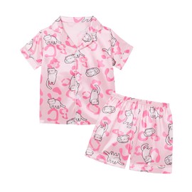 Weixinbuy Kid Toddler Girls Pajamas Satin Pajama Set Silk Pjs for Girls Short Sleeve Button Down Sleepwear Nightwear 6-7 Years Cat