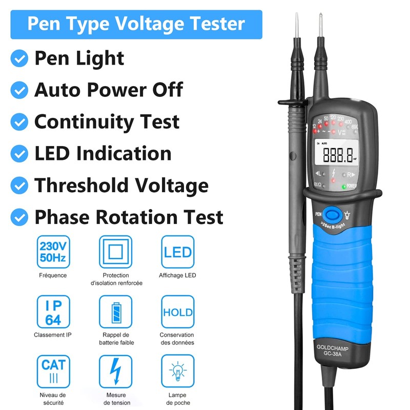 Voltage Tester, Continuity Tester, GOLDCHAMP 12V-690V AC/DC Voltage Tester, Phase