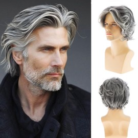Qnbiar, Parrucca da uomo, capelli sintetici grigi, taglio corto e stratificato, ideale per Halloween, cosplay e costumi