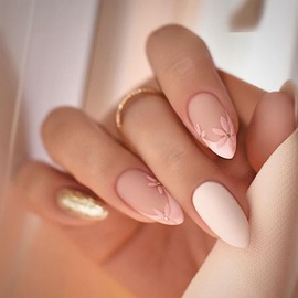 IMSOHOT Press on Nails Medium Almond Fake Nails Pink Matte Flower False Nails Glue on Nails with Glitter Designs Full Cover French Tips Artificial Stiletto Nails for Women 24PCS