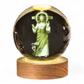 3D Crystal Jesus Statue with LED Light Base – 2.36in Sacred Heart of Jesus Glass Sphere for Christian Home Decor, Religious Gift for Men & Women, Catholic Collectible for Christmas