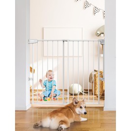 Babelio 34" Tall No Bottom Bar Baby Gate for Stairs, Safety Pet Gates with Large Walk Thru Door, 29.7-46.5" Hardware Mount Dog Gate for The House and Doorways, White
