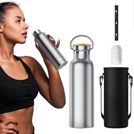 Mooyii Stainless Steel Water Bottle, 1 Litre, Stainless Steel Insulated Flask, Water Bottle, 1000 ml with Brush Sleeve, Outdoor Drinking Bottle for Office, Sports, School,