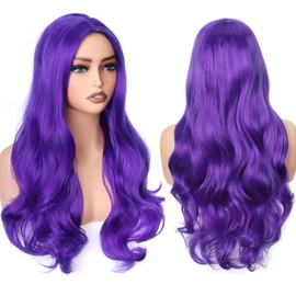 70 cm/28 inch Long Curly Wavy Wigs Middle Part for Women Ladies Cosplay Fancy Dress Wig Synthetic Heat Resistant Hair(Dark purple)