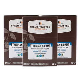Fresh Roasted Coffee, Organic Ethiopian Sidamo Swiss Water Decaf, Fair Trade Kosher, K-Cup Compatible, 72 Pods