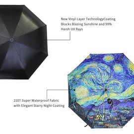YZGO Van Gogh Umbrella - Starry Night Sun UV Protection Compact Auto Open Close Windproof Travel Umbrella for Business & Personal