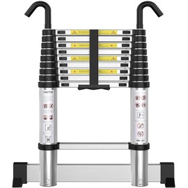 ARCHOM Telescoping Ladder with Hooks 9.5 FT - Aluminum Telescopic Ladder with Stabilizer - Retractable Extension Ladders for Home Loft Roof RV Work with EN131 Certification - 330lbs Max Capacity