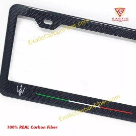 Exotic Carbon Fiber Maserati Silver Tridents Only with Italy Stripe Carbon Fiber License Plate Frame
