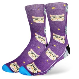 Benefeet Sox Mens Funny Crazy Socks Purple Cat Socks Novelty Animal Socks Women Cute Cartoon Socks for Boys Kids Funky Cool 3D Printed Patterned Basketball Socks Gifts for Cat Lover, Purple Glass Cat