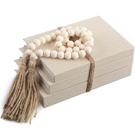 GlikCeil Linen Covered Decorative Books, Set of 3, Coffee Table Books Fabric Book Decor with Wooden Beaded Tassel Neutral Home Decor for Rustic Farmhouse Modern Shelves Tiered Tray (Beige)