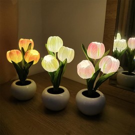 YATOSEEN Tulip Lamp, Table Lamp, Desk Lamp, Flower Ornaments, LED Simulation Tulip Night Light with Ceramic Vase, for Home, Living Room, Desktop Decor (Pink Tulips)