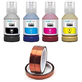 Sublimax T49M Sublimation Ink Compatible for Epson Surecolor F170 F570 Printer - Bundle 3 Heat Resistant Tapes - Autofill 4x140ml Cyan Yellow Magenta Black