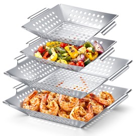Mifoci 4 Pcs Grill Baskets for Outdoor Grill 14.17'' 9.65'' Extra Large Heavy Duty Stainless Steel Vegetable Grilling Basket with Handles for Veggies BBQ Accessories Smokers Camping Men Gifts, 2 Sizes