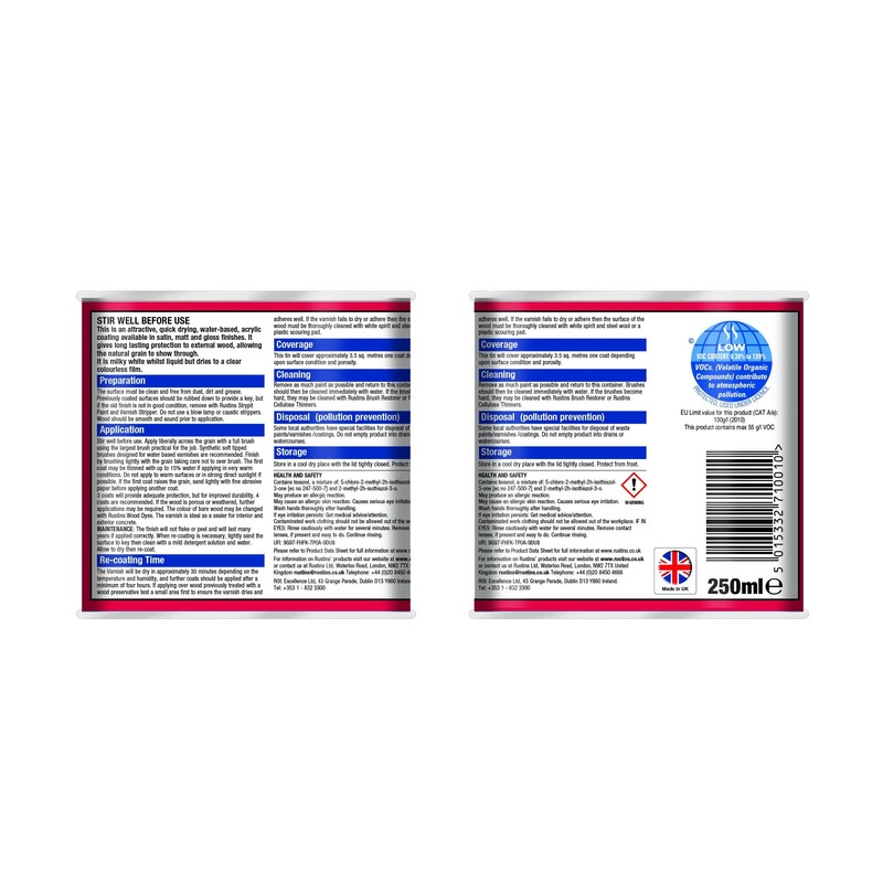 Rustins EAVG250 250ml Outdoor Varnish Gloss - Clear