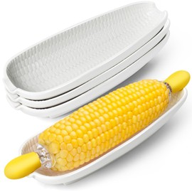 Artcome Ceramic Corn Dishes Set with 8 Corn Cob Holders - 4-Pack Corn Plates with Embossed Corn Design, Durable & Dishwasher Safe Dish Set for BBQ, Picnics, and Family Meals
