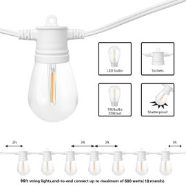 SUNTHIN White Outdoor String Lights, 96FT White Patio Lights with 32 Shatterproof LED Bulbs for Garden, Backyard, Porch, Cafe, Deck, Wedding, Party, Gathering