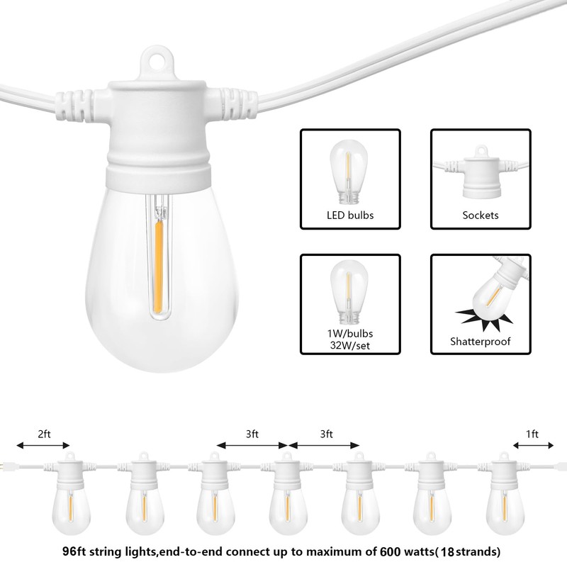 SUNTHIN White Outdoor String Lights, 96FT White Patio Lights with