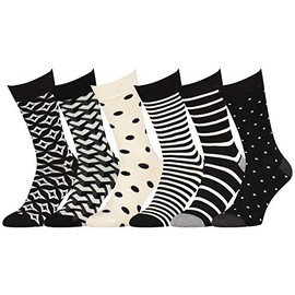 White Dress Socks Men Cotton Mens Socks Black Off-White Dotted Striped Patterned Socks 6-Pack #48 Size 10-13 Seamless Toe