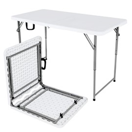 HUZJIEHUI 48" W x 24" D x 29.5" H - 4FT Adjustable Height Heavy Duty Plastic Fold-in-Half Foldable Table，White Portable Folding Table with Carrying Handle for Camping & Party