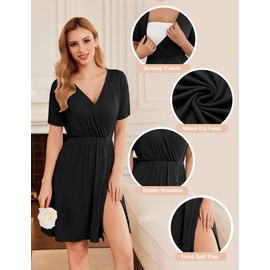 Ekouaer Maternity Nursing Dress V Neck Short Sleeve Breastfeeding Dresses Ribbed Knit Pregnancy Clothes Black S