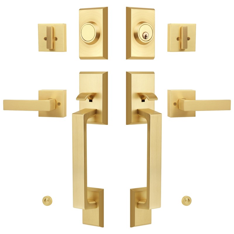 LOQRON Brushed Gold Double Front Door Lock Set, Keyed Entry