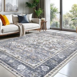 KUTA Grey 8x10 Area Rugs for Living Room, Washable Large Rug for Bedroom 8ft x 10ft Non-Slip, Ultra Thin Soft Printed Vintage Floral Distressed Dining Room Low-Pile Carpet for Office