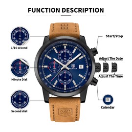 BENYAR Wrist Watches for Men Chronograph Quartz Movement Business Military Sport Watch Leather Strap 30M Waterproof Stylish Mens Gift