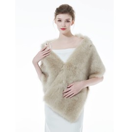BEAUTELICATE Faux Fur Stole Scarf Women's Faux Fur Bolero Bridal Jacket Fur Bridal Scarf Bridal Stole Winter for Wedding Bridal Evening Dress Festive, Long Fur Beige