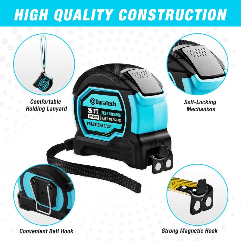 DURATECH 25FT Auto-Lock Tape Measure, Easy Read Magnetic Measuring Tape
