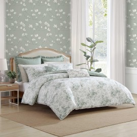 Laura Ashley - Twin Comforter Set, Premium Cotton Bedding with Matching Shams & Bonus Decorative Pillow, Floral Home Decor, Oeko-Tex Certified (Toile Delight Green, Twin)