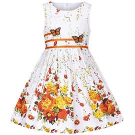 Girls Dress Floral Embroidery Butterfly Bow Tie Sleeveless Orange Size 4-5