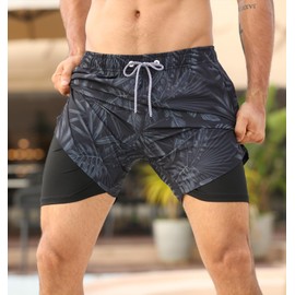 APTRO Men's Swimming Shorts Swimming Trunks with Inner Shorts Quick-Drying Board Shorts with Zip Pockets Sports Shorts, Grey Mk385