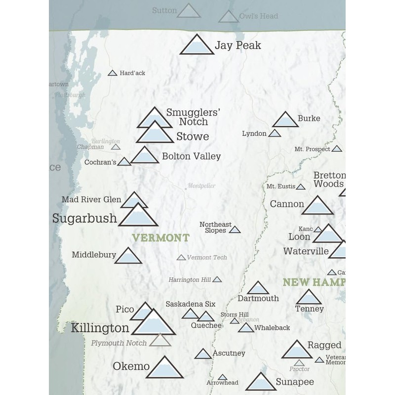 New England Ski Resorts Map 18x24 Poster (White & Light