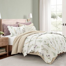 Lush Decor Watercolor Wildflower Scallop Edge Floral Quilt Set, 3 Piece Set, Full/Queen, Neutral & Multi - Pretty Botanical Bedding Set - Scalloped Quilt - Garden Flowers - Spring Decor