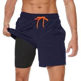 Ougelebo Mens Swimming Shorts Swim Trunks 2 in 1 Quick Dry Swim Shorts Men with Compression Waterproof Swimming Trunks with Zip Pockets Dark Blue M