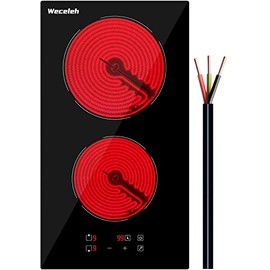 Weceleh Electric Cooktop, 12 Inch Built-in Ceramic Cooktops 3000W, Electric Stove Top with 2 Burners 220-240V(No Plug), Child Safety Lock, Timer, 9 Heating Levels, Sensor Touch Control