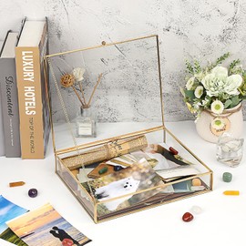 Hipiwe Golden Jewelry Storage Box Home Decorative Box with Mirror Base Glass Photo Organizer for Ring Earring Keepsake Makeup, 10.4 x 8.4 x 2 Inch