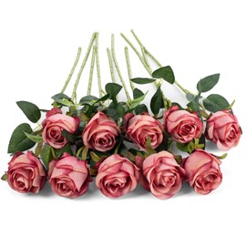 Flojery 10pcs Artificial Rose Flowers Long Stem Fake Silk Roses for DIY Wedding Bouquet Table Centerpiece Home Decor (Rose Red)