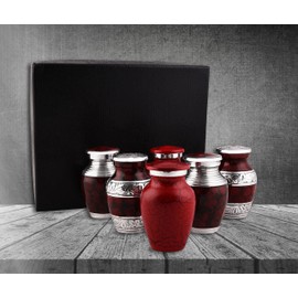 Bold & Divine Small Cremation Urns for Human Ashes | Set of 6-3 Cubic Inches | Mini Keepsake Red and Silver with Velvet Case