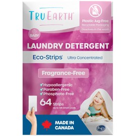 Tru Earth Hypoallergenic Baby Laundry Detergent Sheets/Strips for Sensitive Skin, 64 Count, Up to 128 Loads: Fragrance Free Baby Detergent Laundry Newborn, Children